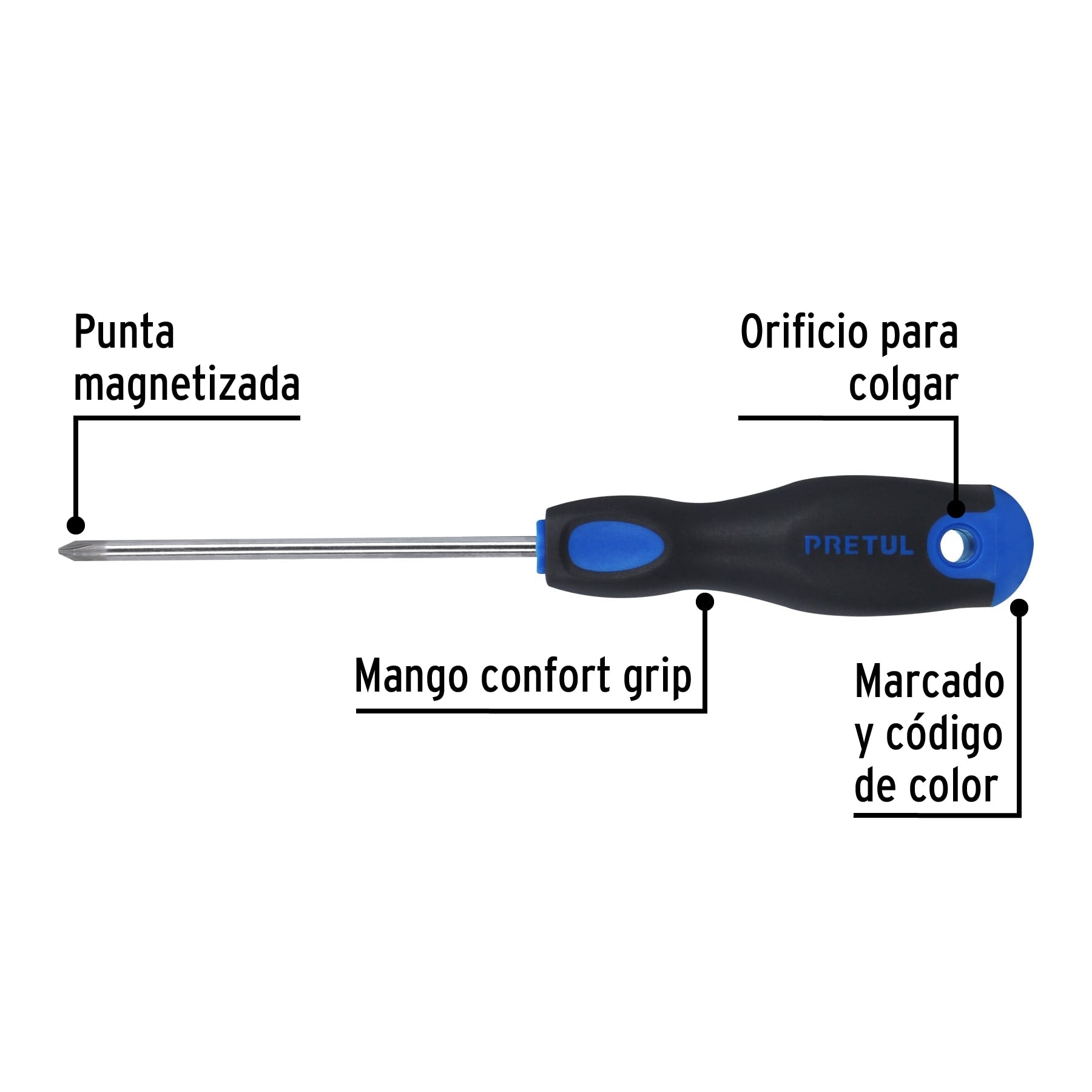 Desarmador de cruz 3/16" x 4" mango Comfort Grip, Pretul
