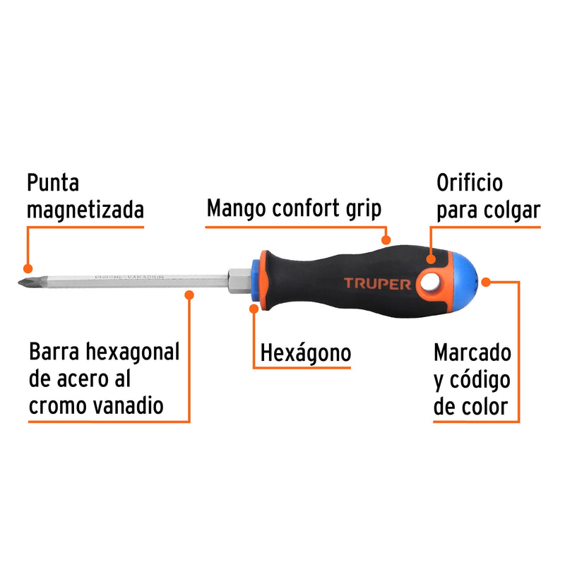 Desarmador de cruz 3/16" x 4" mango Comfort Grip,  Truper