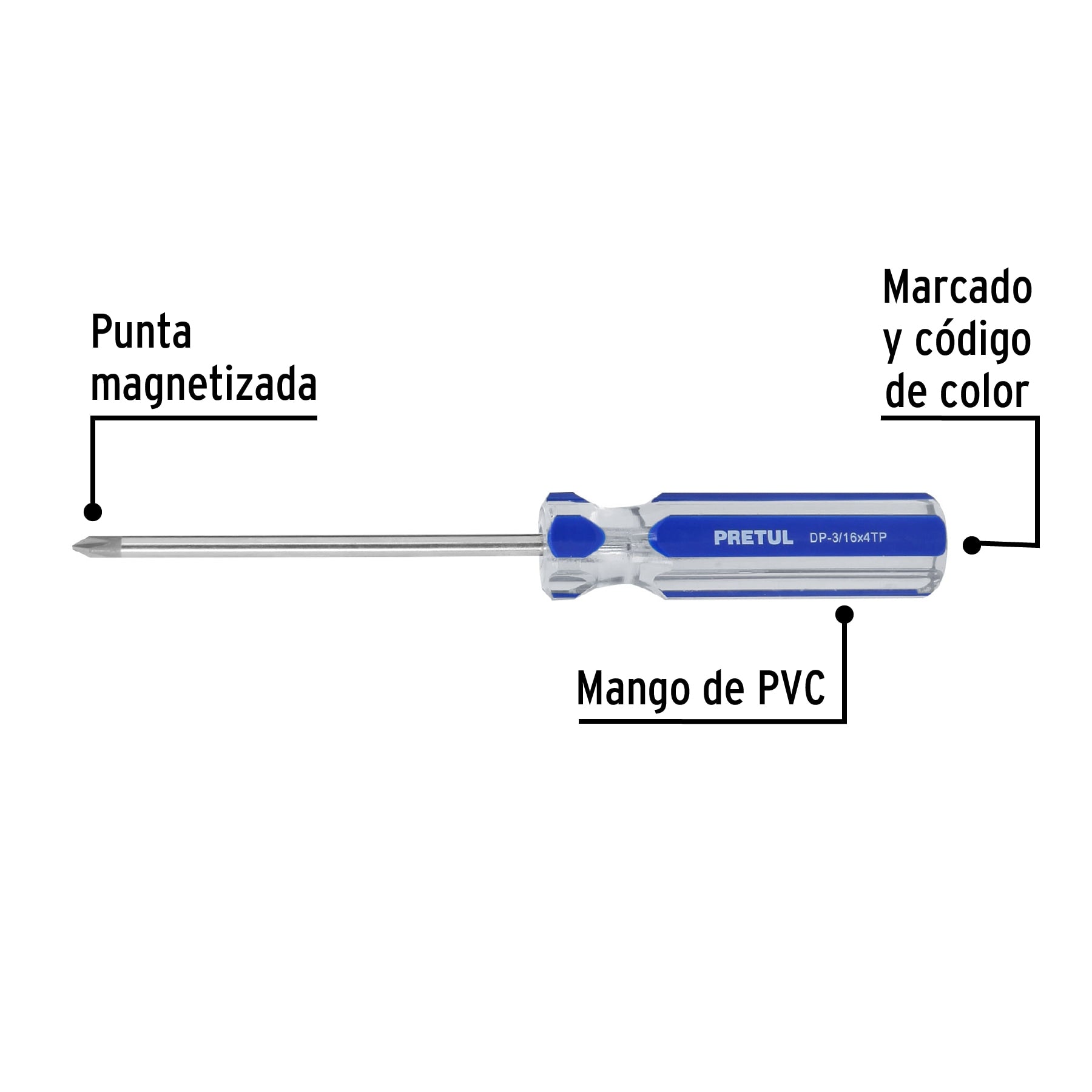 Desarmador de cruz 3/16 x 4" mango de PVC, Pretul