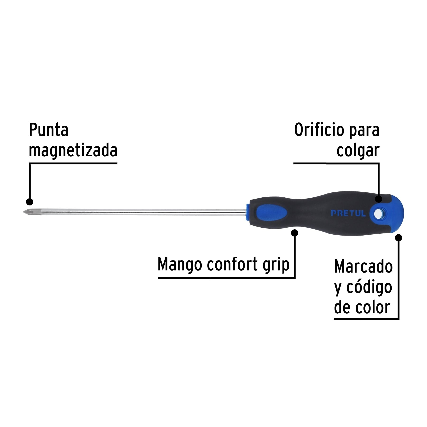 Desarmador de cruz 3/16" x 6" mango Comfort Grip, Pretul