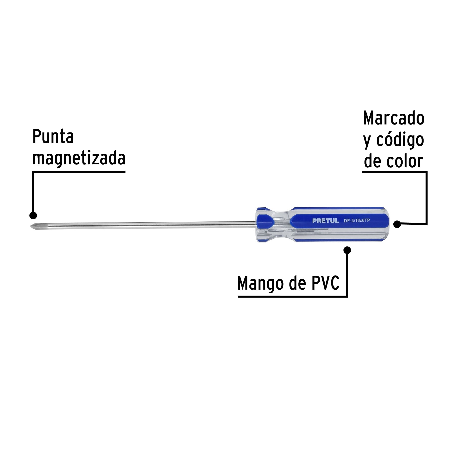 Desarmador de cruz 3/16 x 6" mango de PVC, Pretul