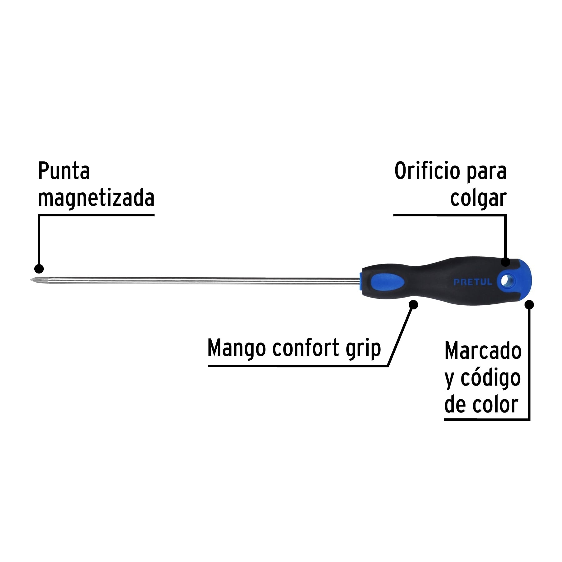 Desarmador de cruz 3/16" x 8" mango Comfort Grip, Pretul