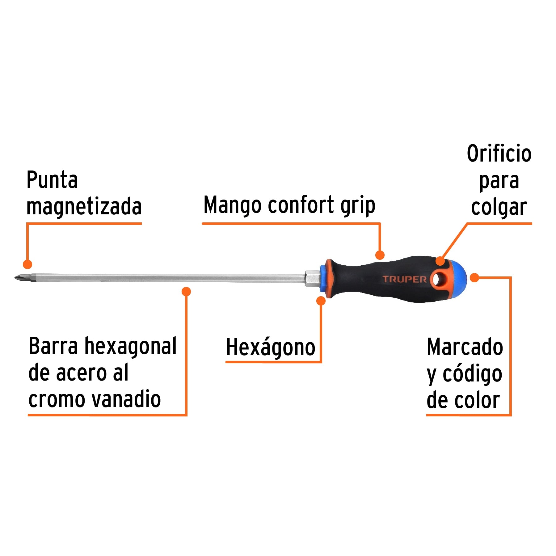 Desarmador de cruz 3/16" x 8" mango Comfort Grip, Truper