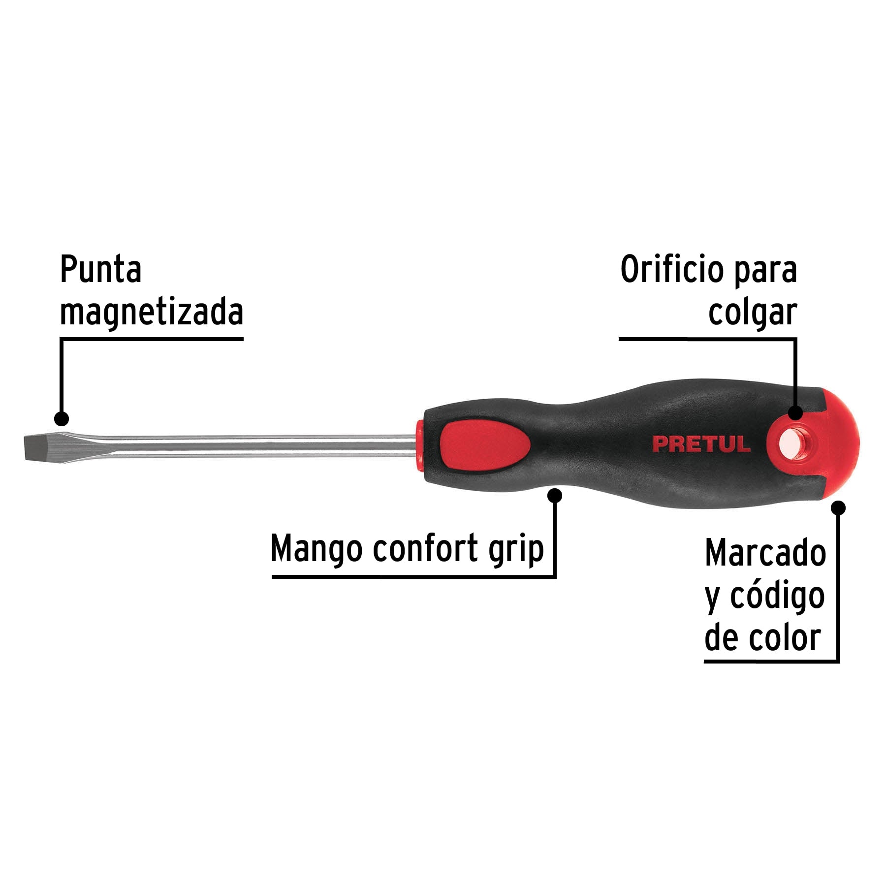 Desarmador plano 1/4" x 4"mango Comfort Grip, Pretul