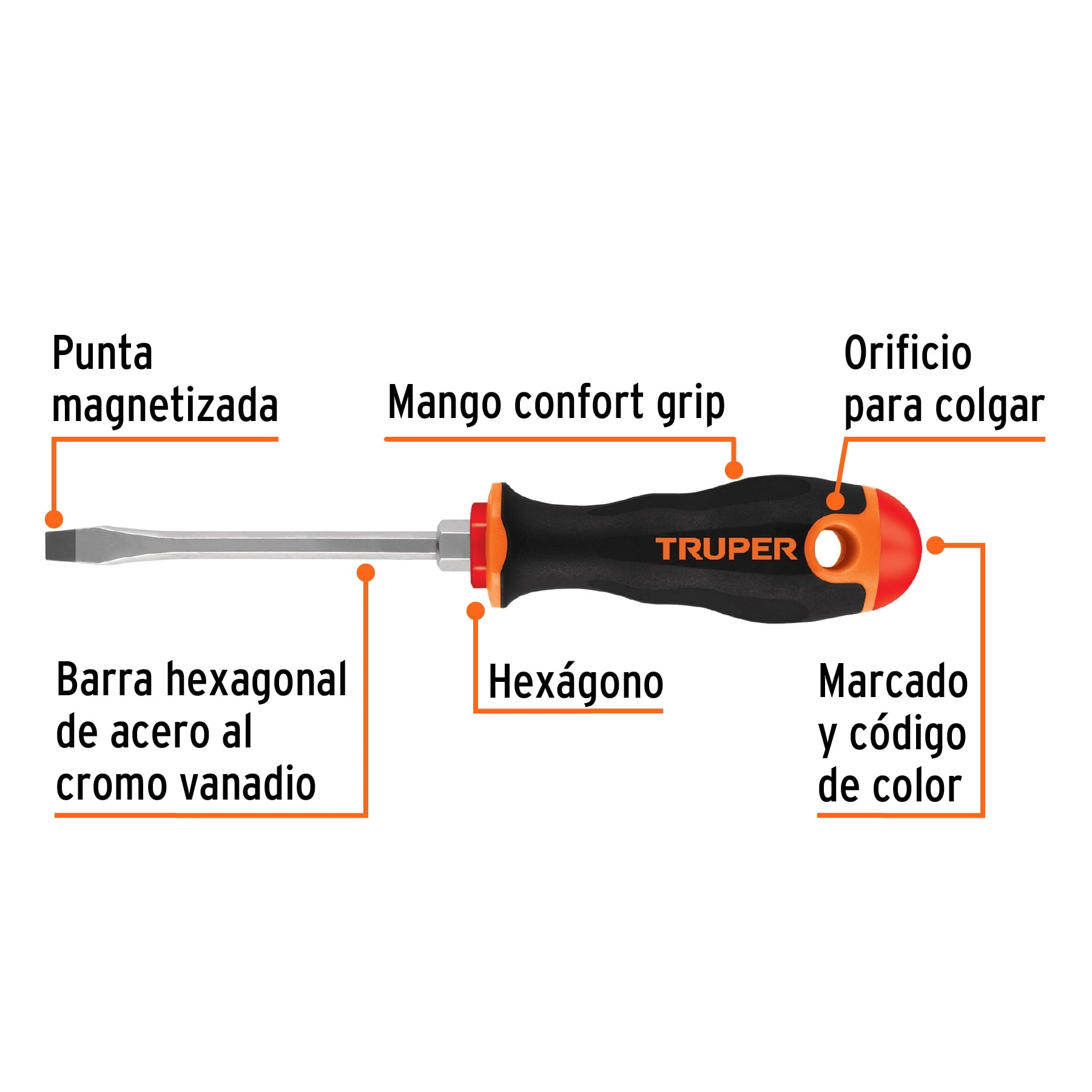 Desarmador plano 1/4" x 4" mango Comfort Grip, Truper