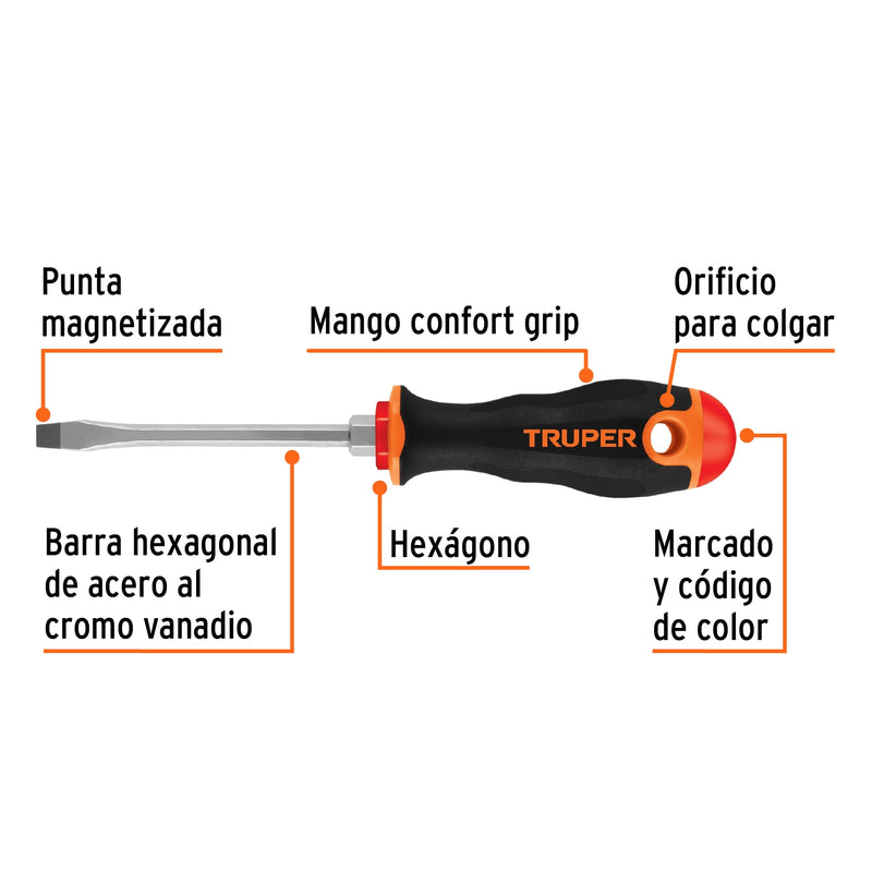 Desarmador plano 1/4" x 4" mango Comfort Grip,  Truper