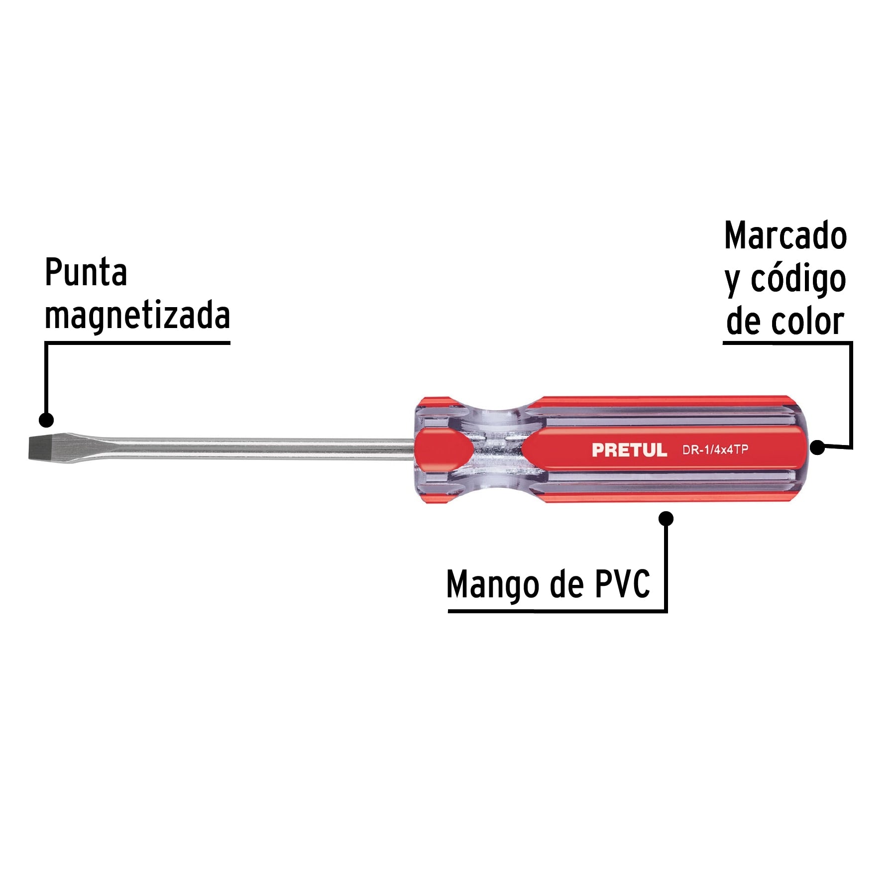 Desarmador plano 1/4 x 4" mango de PVC, Pretul