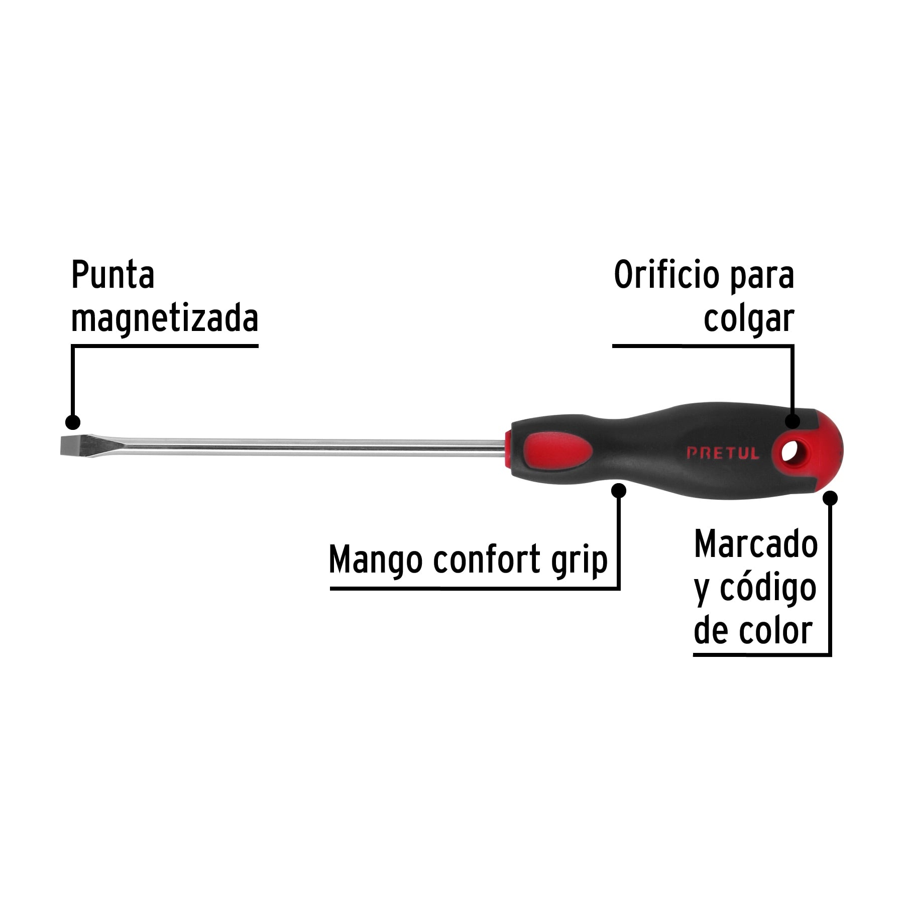 Desarmador plano 1/4" x 6"mango Comfort Grip, Pretul