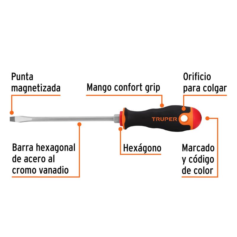 Desarmador plano 1/4" x 6" mango Comfort Grip,  Truper