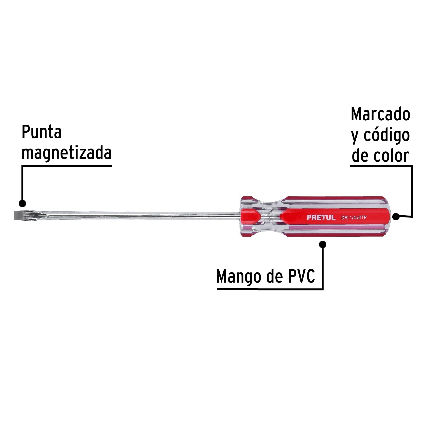 Desarmador plano 1/4 x 6" mango de PVC, Pretul