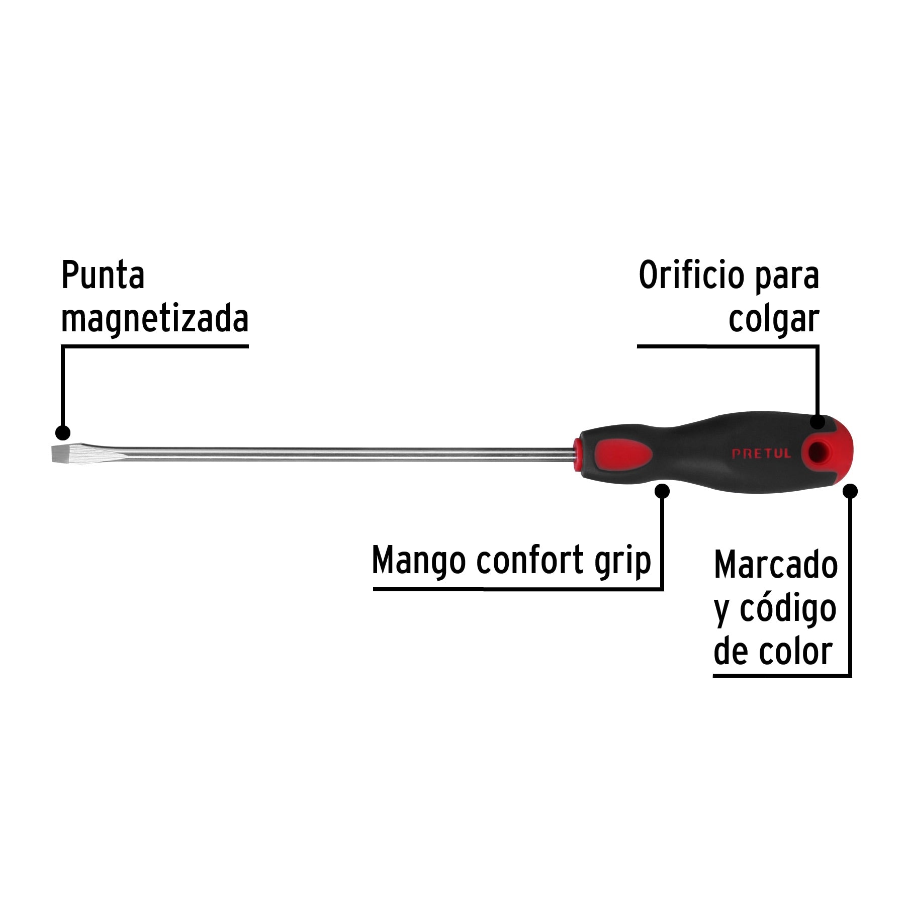 Desarmador plano 1/4" x 8"mango Comfort Grip, Pretul