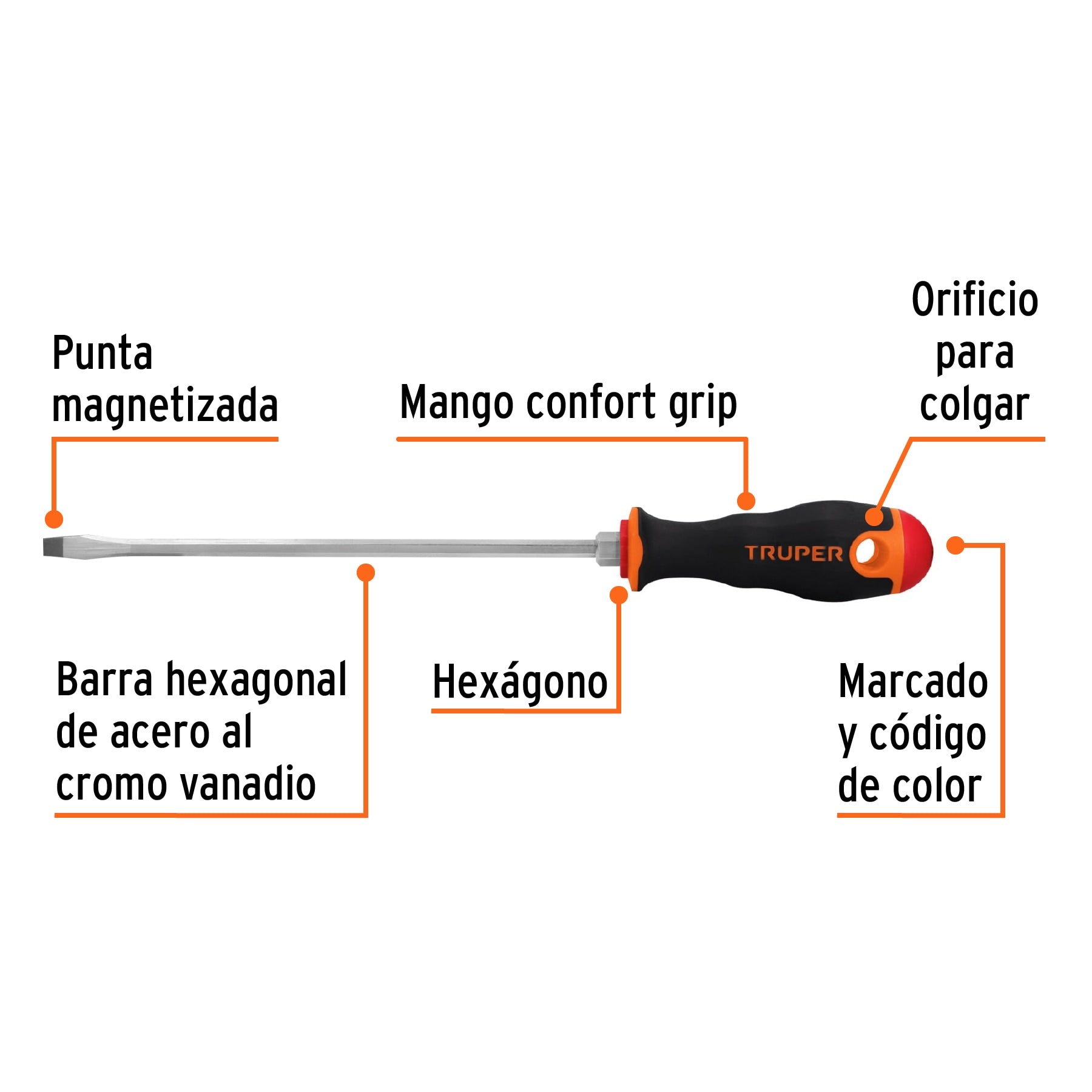 Desarmador plano 1/4" x 8" mango Comfort Grip, Truper