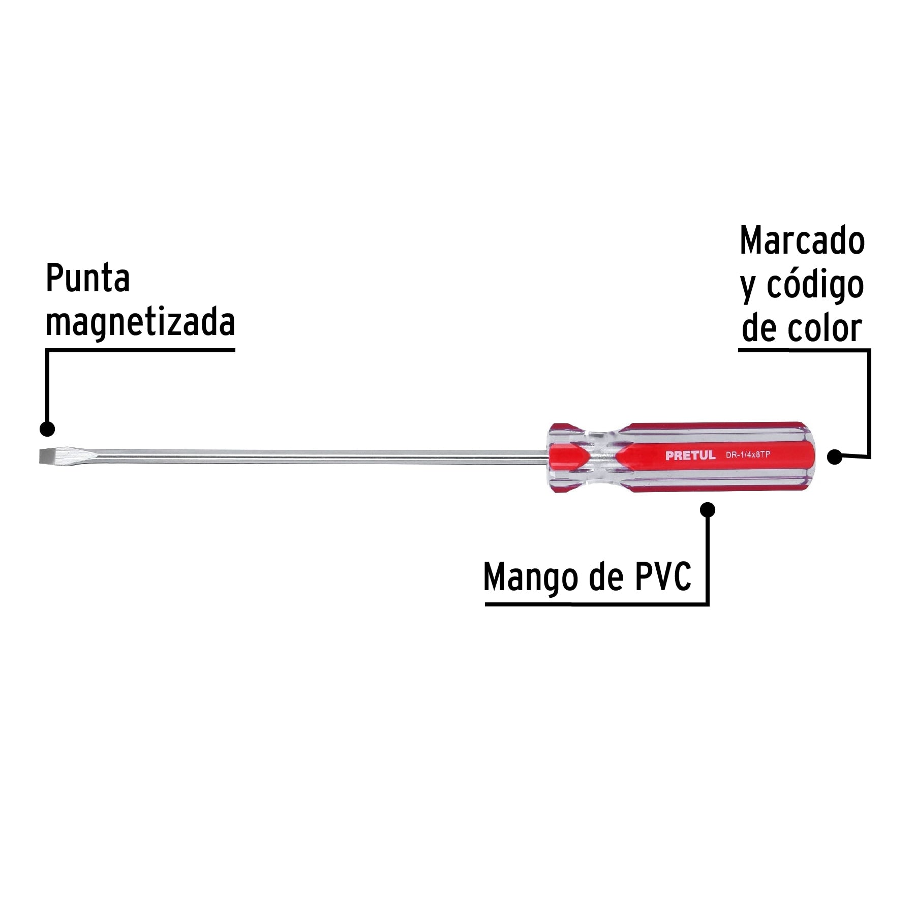 Desarmador plano 1/4 x 8" mango de PVC, Pretul