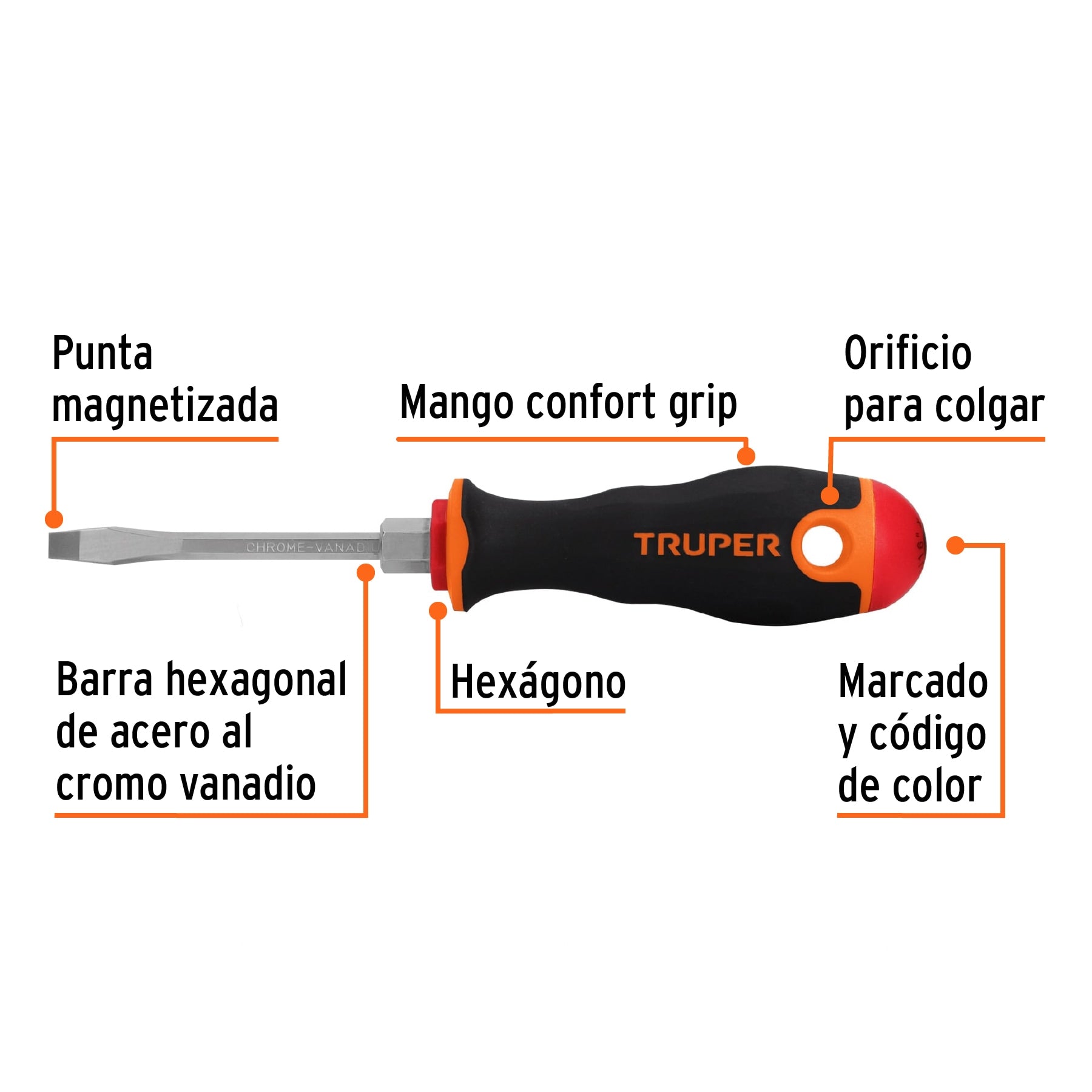 Desarmador plano 3/16" x 3" mango Comfort Grip, Truper