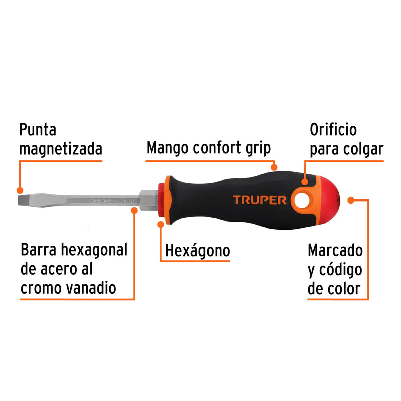Desarmador plano 3/16" x 3" mango Comfort Grip,  Truper