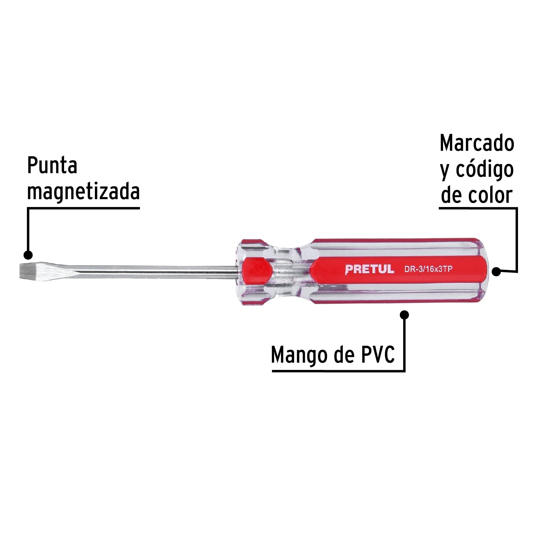 Desarmador plano 3/16 x 3" mango de PVC, Pretul