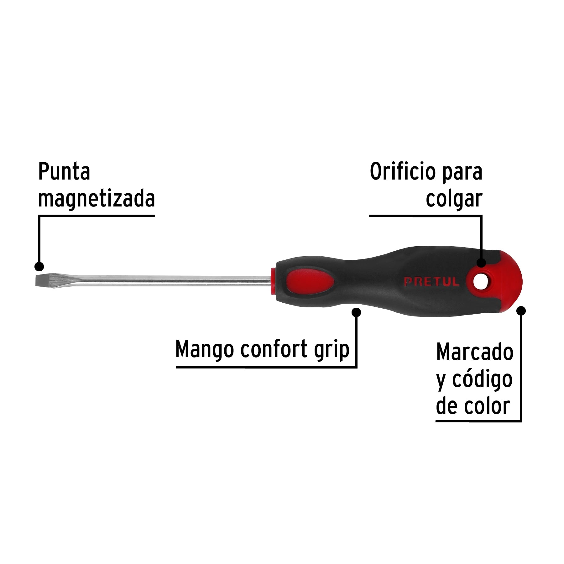 Desarmador plano 3/16 x 4" mango Comfort Grip, Pretul