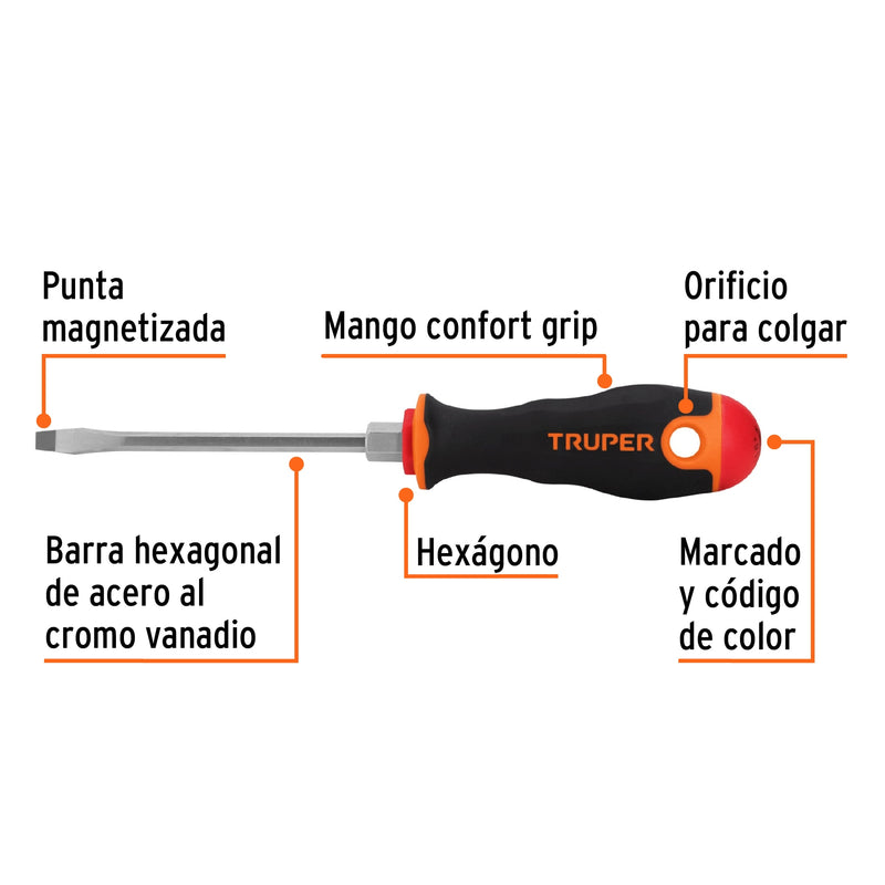 Desarmador plano 3/16" x 4" mango Comfort Grip,  Truper