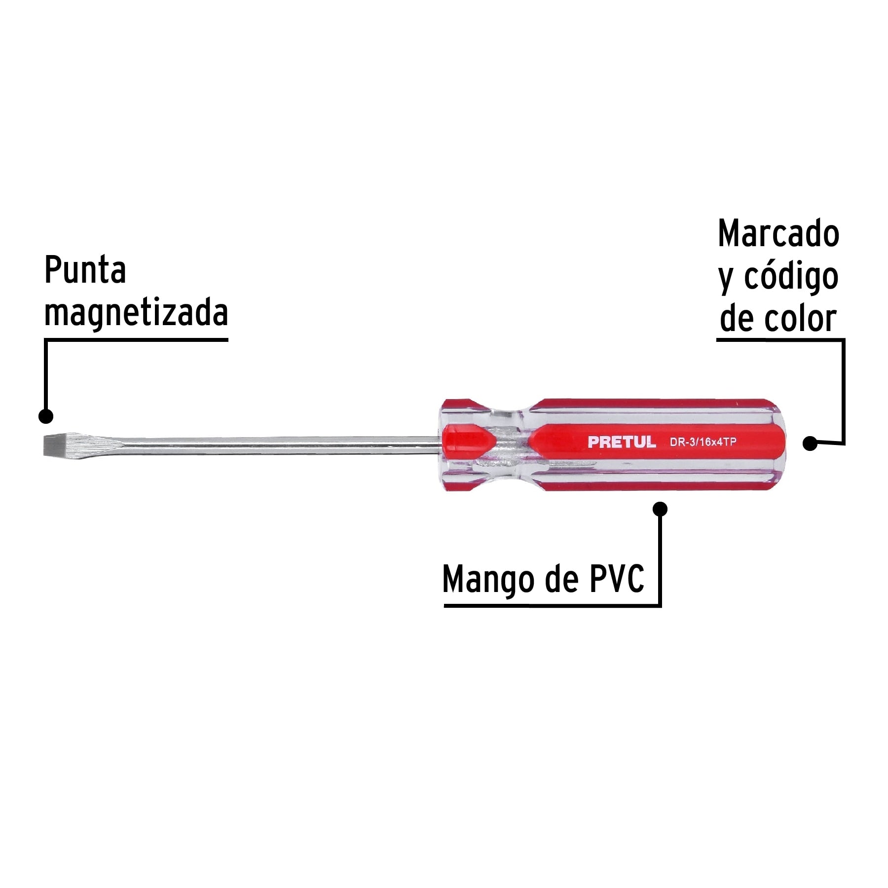 Desarmador plano 3/16 x 4" mango de PVC, Pretul