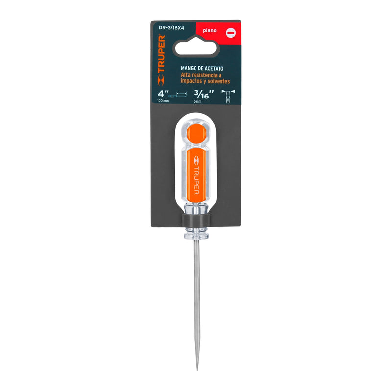 Desarmador plano 3/16" x 4" mango de acetato,  Truper
