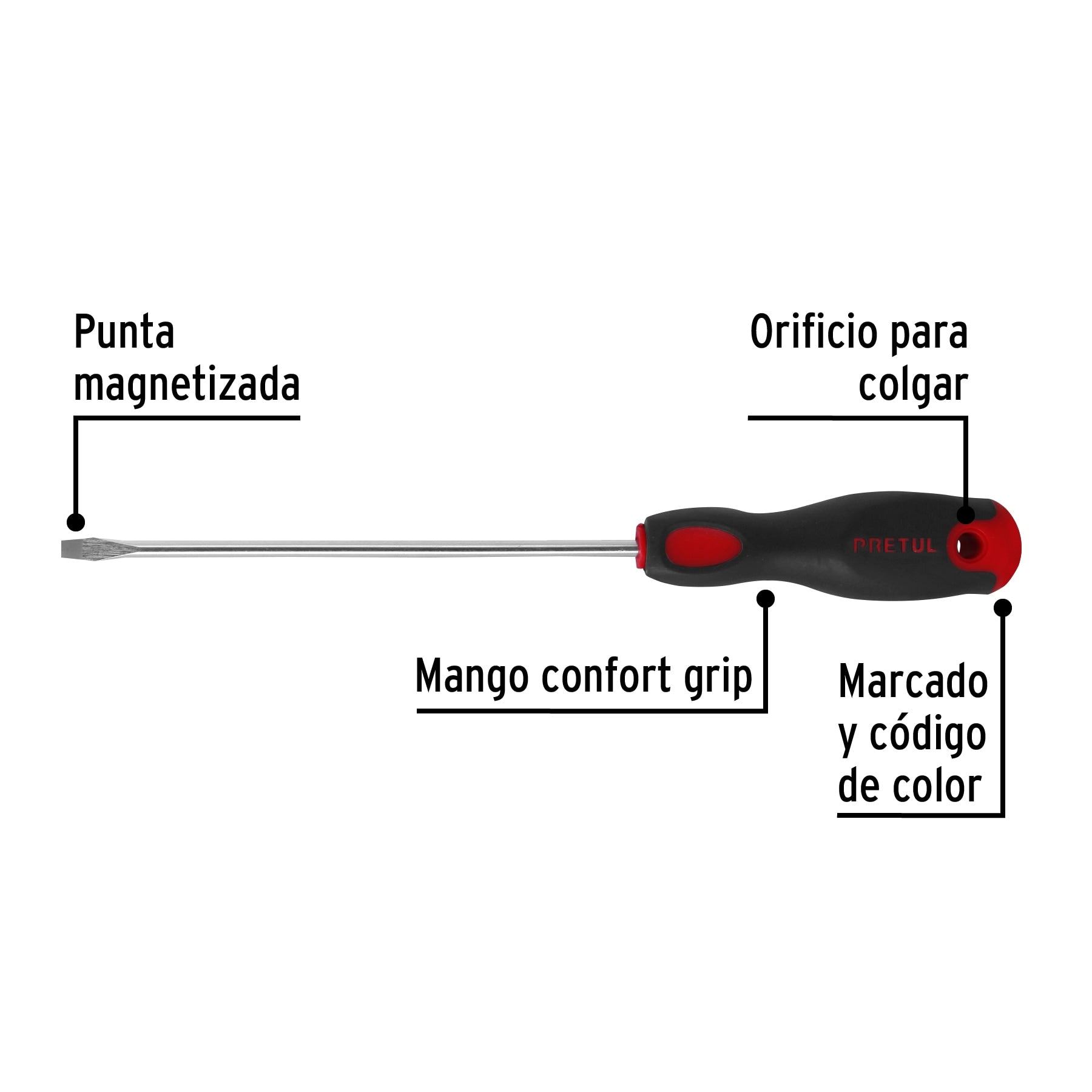 Desarmador plano 3/16 x 6" mango Comfort Grip, Pretul