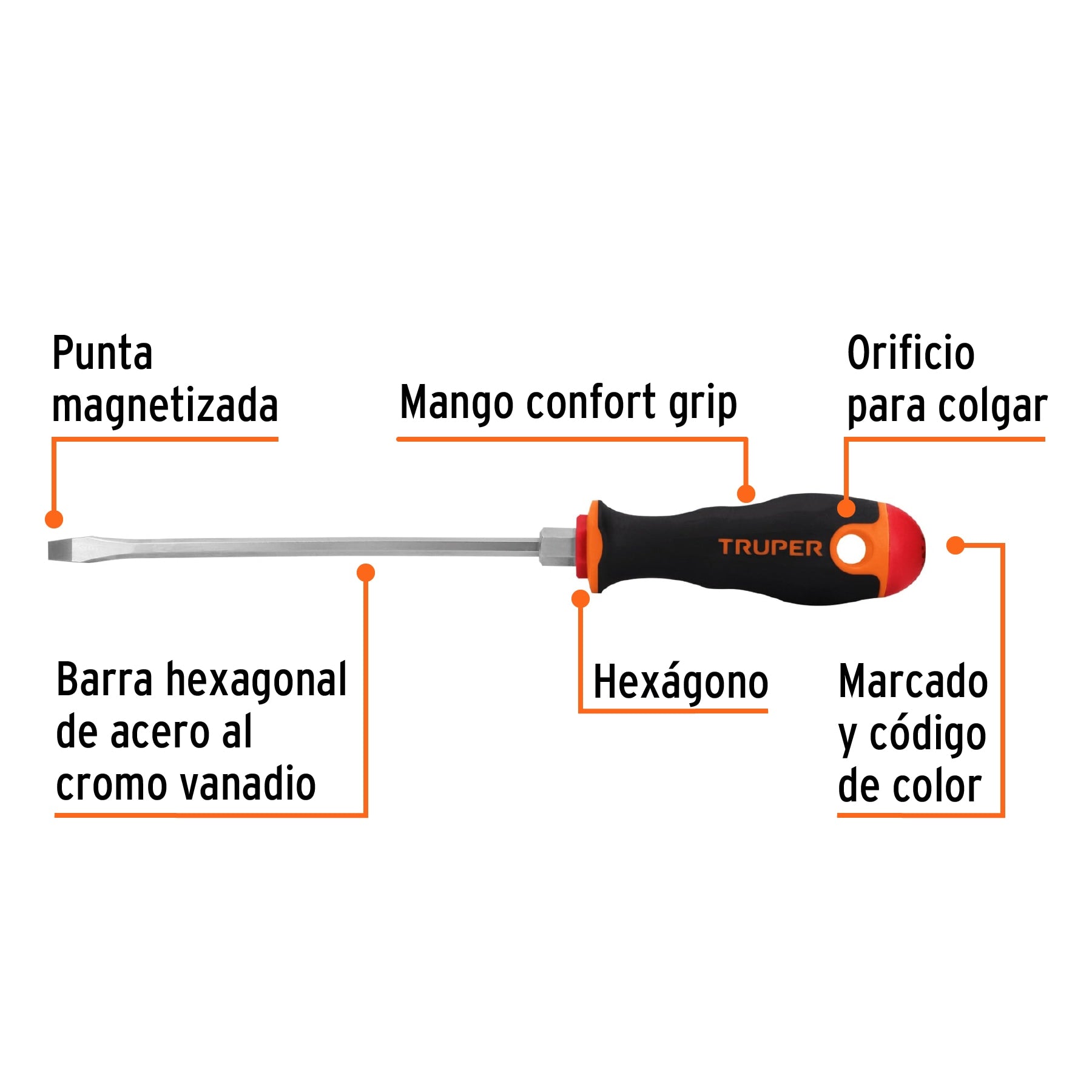 Desarmador plano 3/16" x 6" mango Comfort Grip, Truper