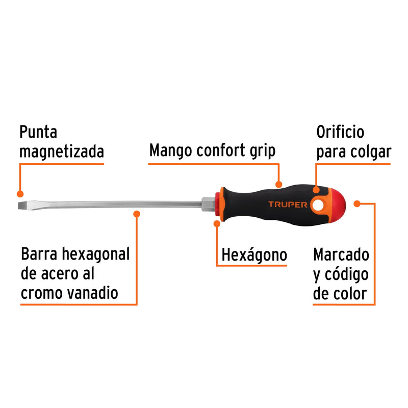 Desarmador plano 3/16" x 6" mango Comfort Grip,  Truper