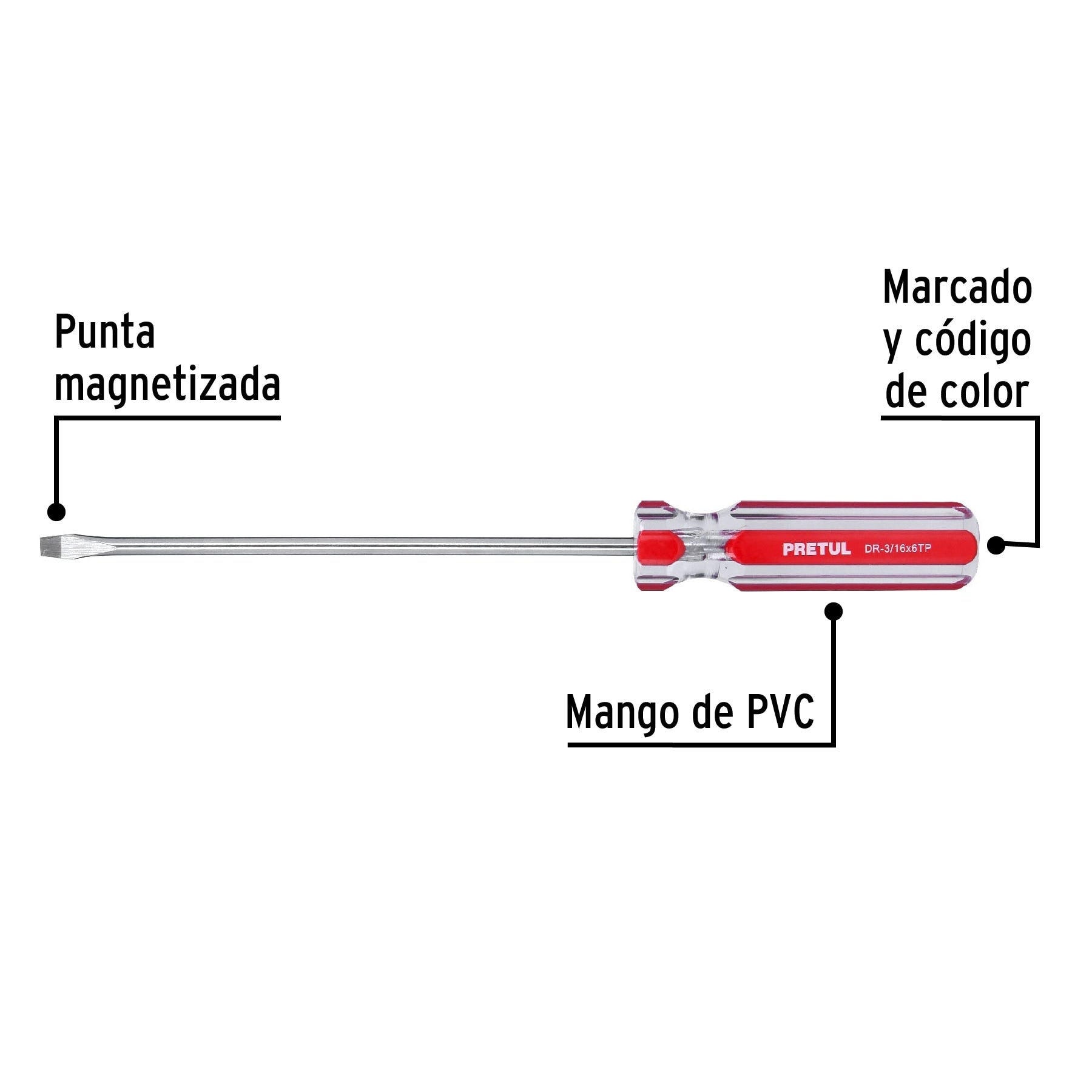 Desarmador plano 3/16 x 6" mango de PVC, Pretul