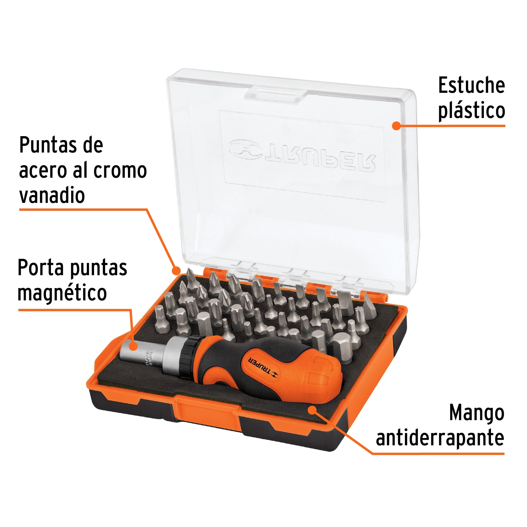 Desarmador tipo trompo con matraca y 36 puntas, Truper
