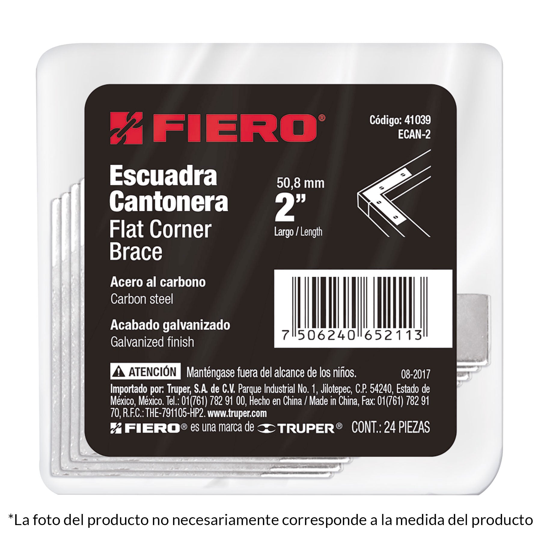 Bolsa con 24 escuadras planas cantoneras 1-1/2"x1-1/2", Fiero