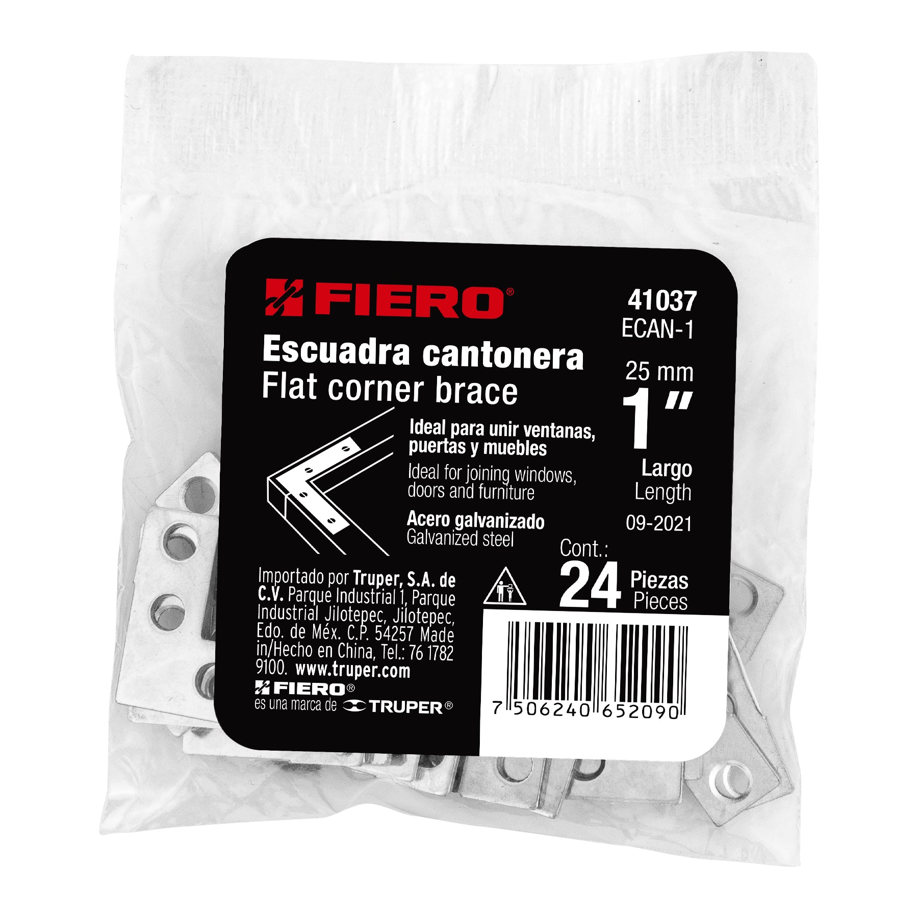 Bolsa con 24 escuadras planas cantoneras 1" x 1", Fiero