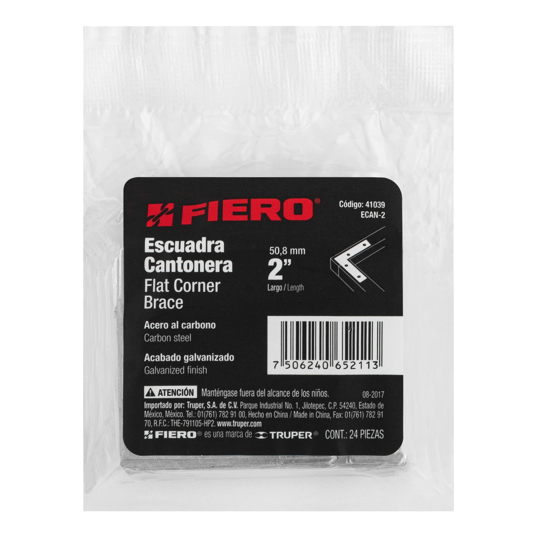 Bolsa con 24 escuadras planas cantoneras 2" x 2", Fiero