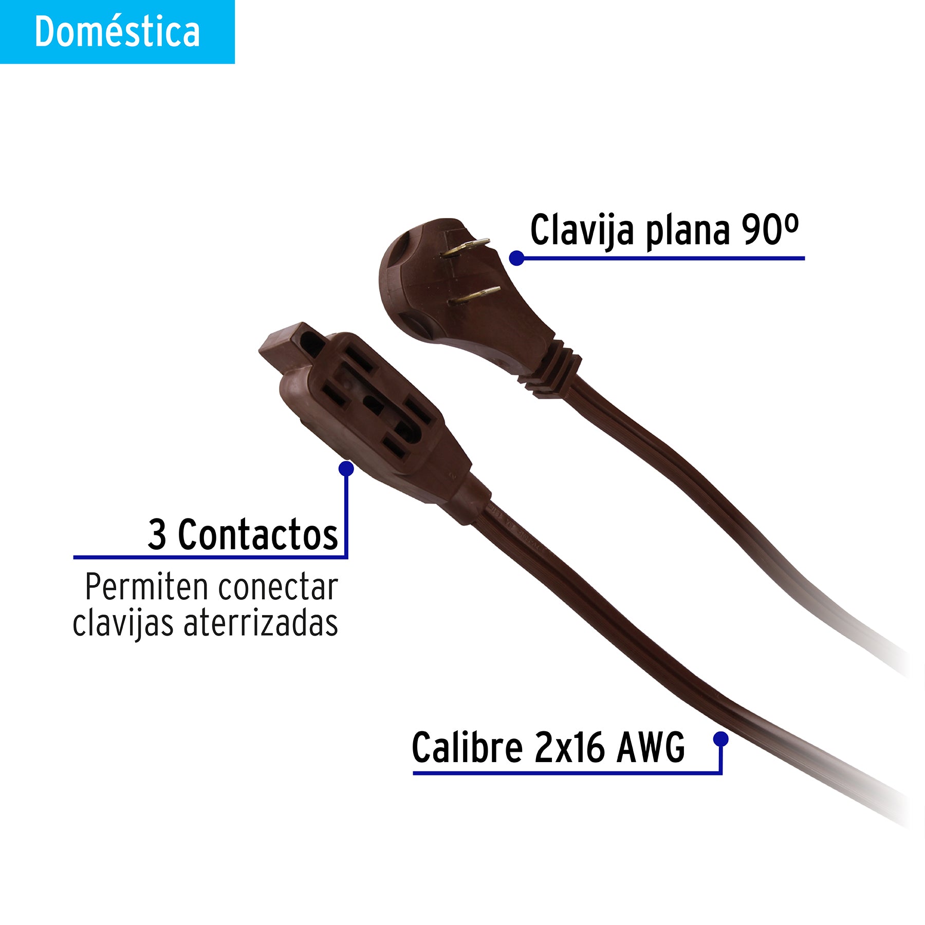 Extensión eléctrica doméstica 2 m clavija plana, café