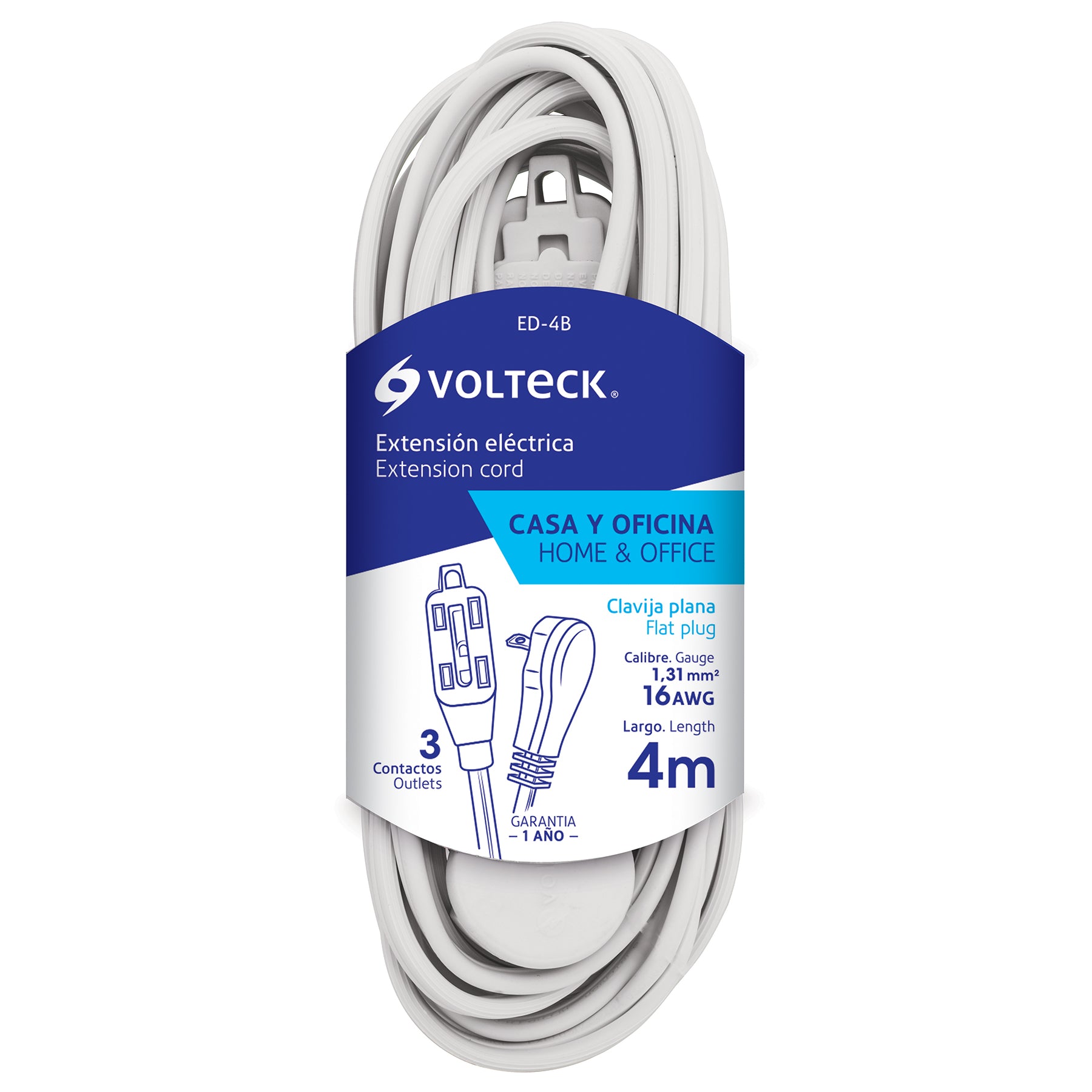 Extensión eléctrica doméstica 4 m clavija plana, blanca
