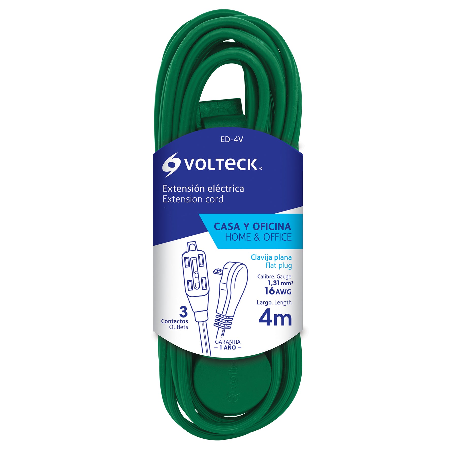 Extensión eléctrica doméstica 4 m clavija plana, verde