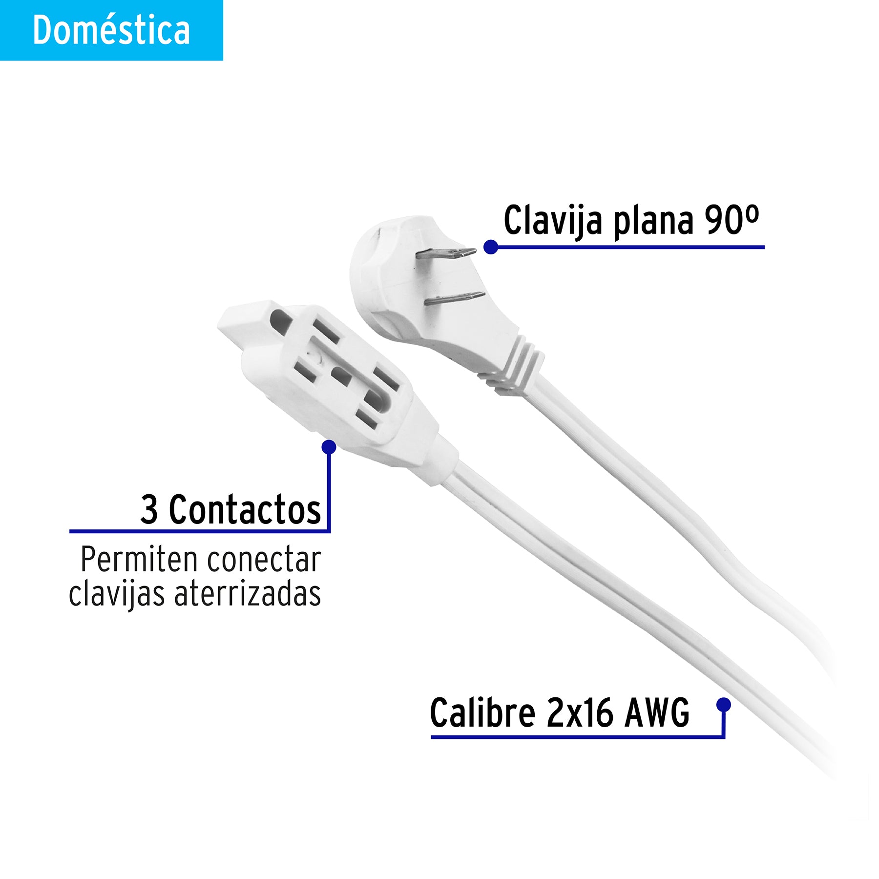 Extensión eléctrica doméstica 6 m clavija plana, blanca