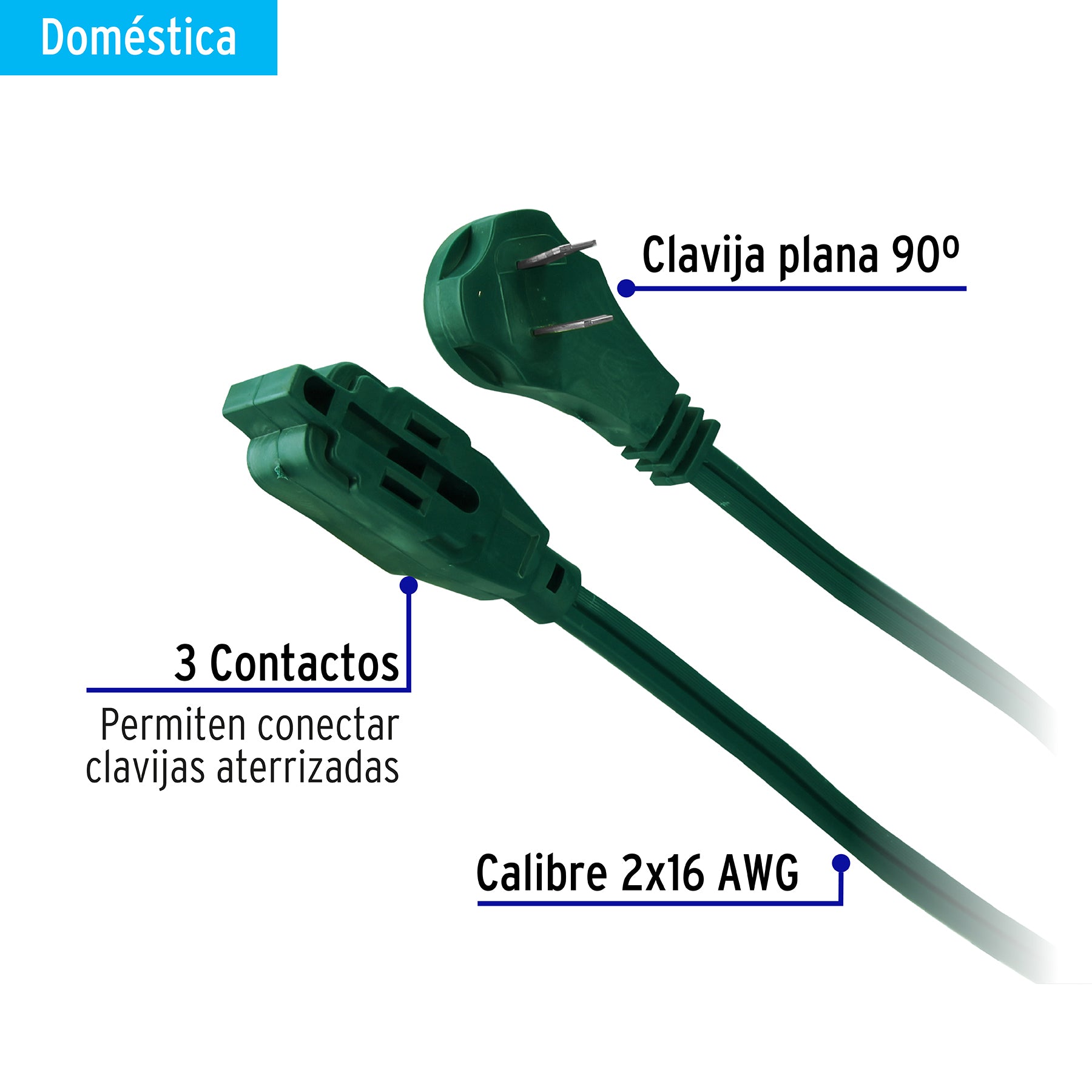 Extensión eléctrica doméstica 8 m clavija plana, verde