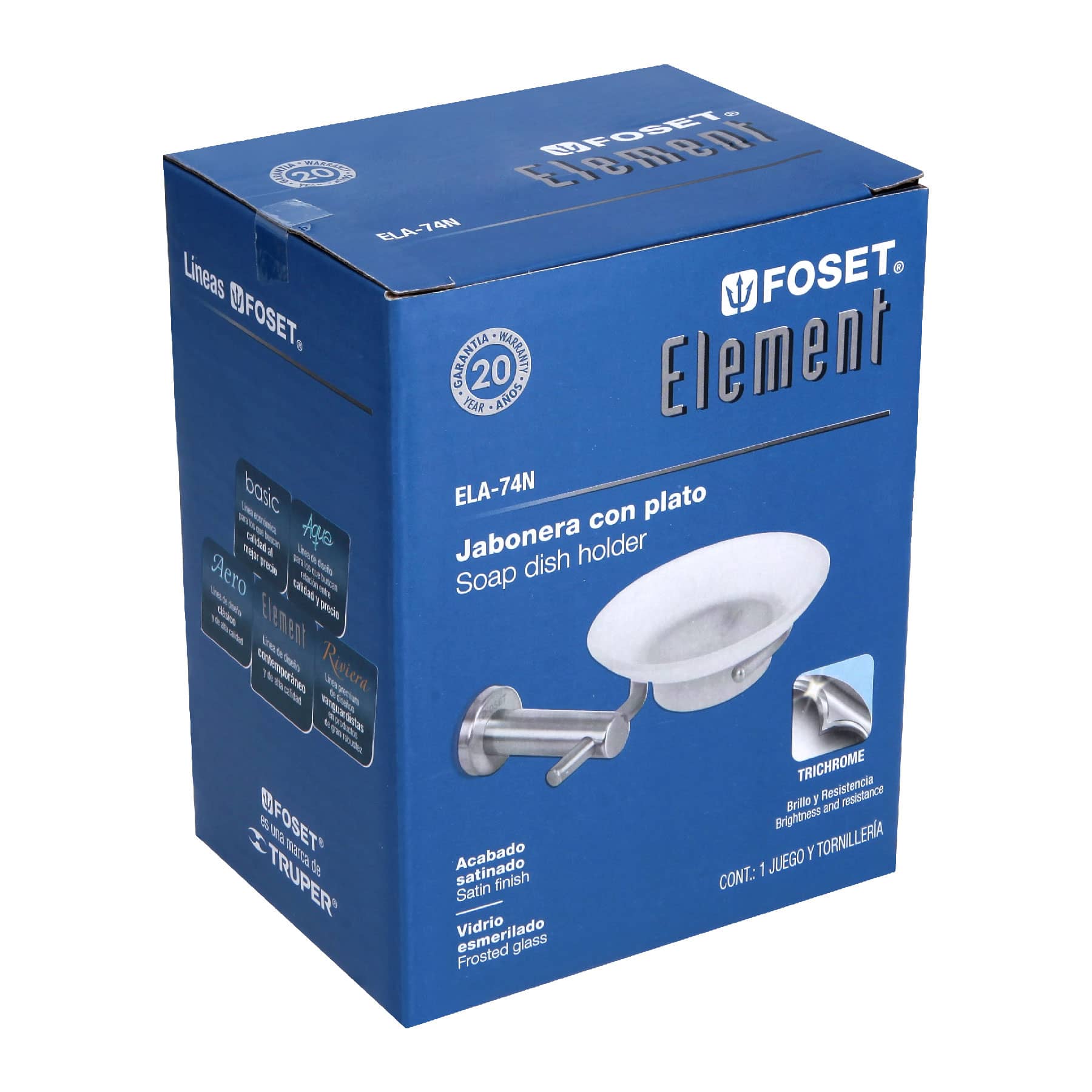 Jabonera metálica satín con plato de vidrio, Foset Element