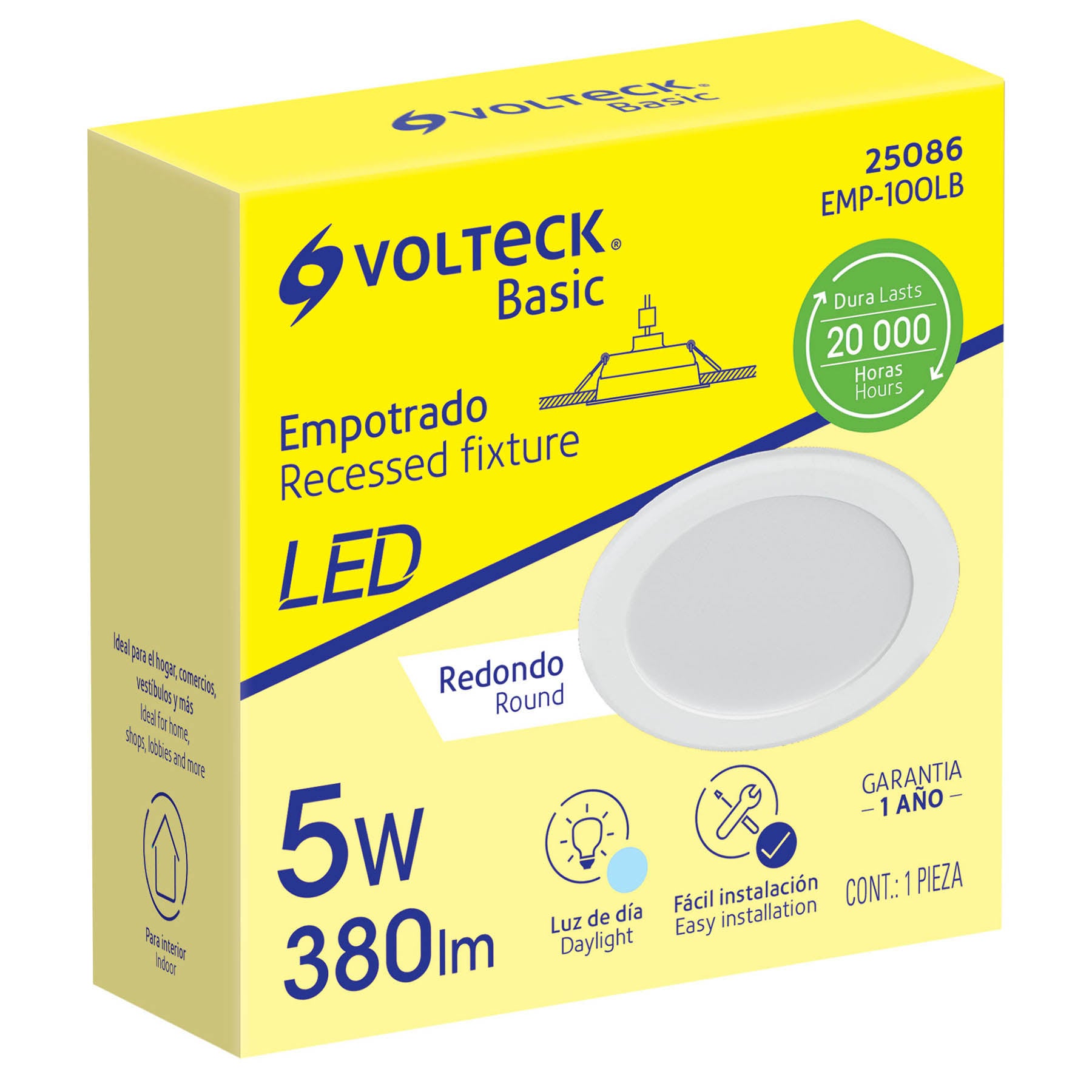 Luminario LED empotrable 5 W redondo, luz de día, Basic