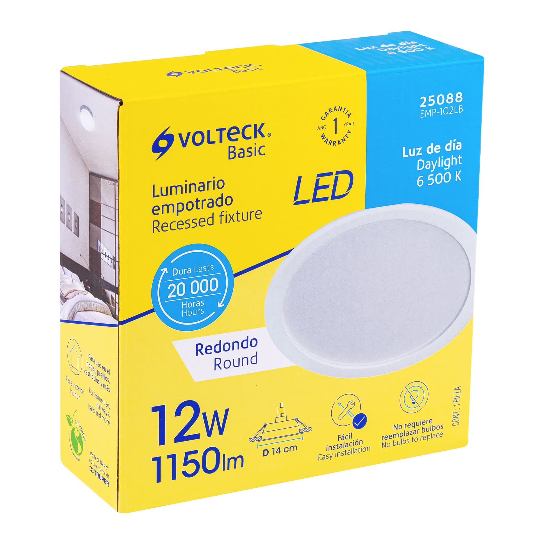 Luminario LED empotrable 12 W redondo, luz de día, Basic