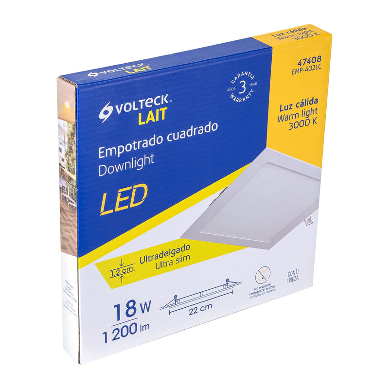 Luminario ultra delgado LED 18W empotrar cuadrado luz cálida