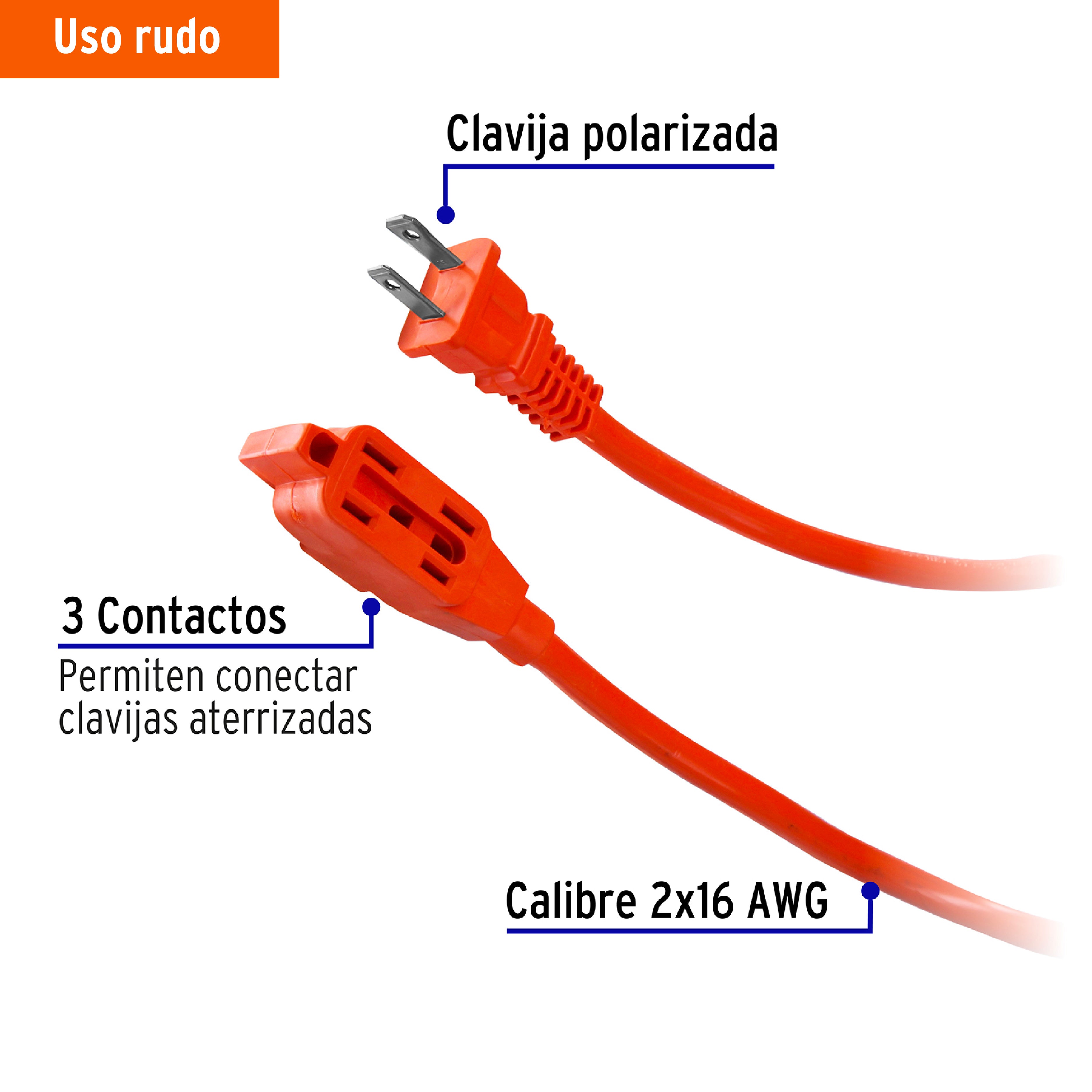 Extensión eléctrica de uso rudo 8 m 2x16 AWG, Volteck