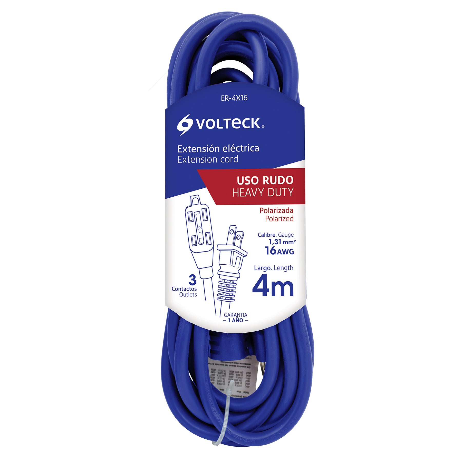 Extensión de uso rudo aterrizada 4 m 3x16 AWG, Volteck