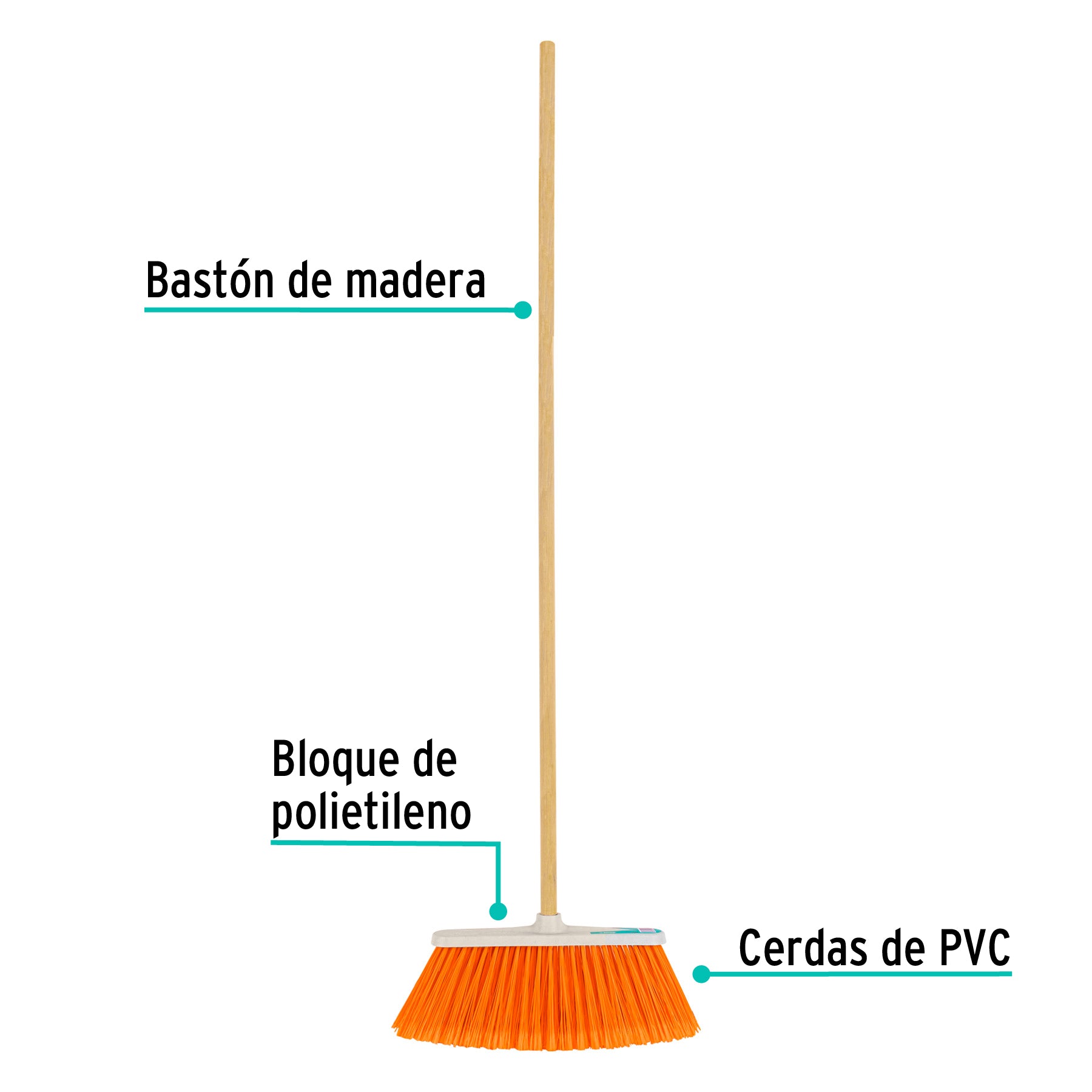 Escoba grande tipo cepillo, cerdas de PVC, bastón de madera