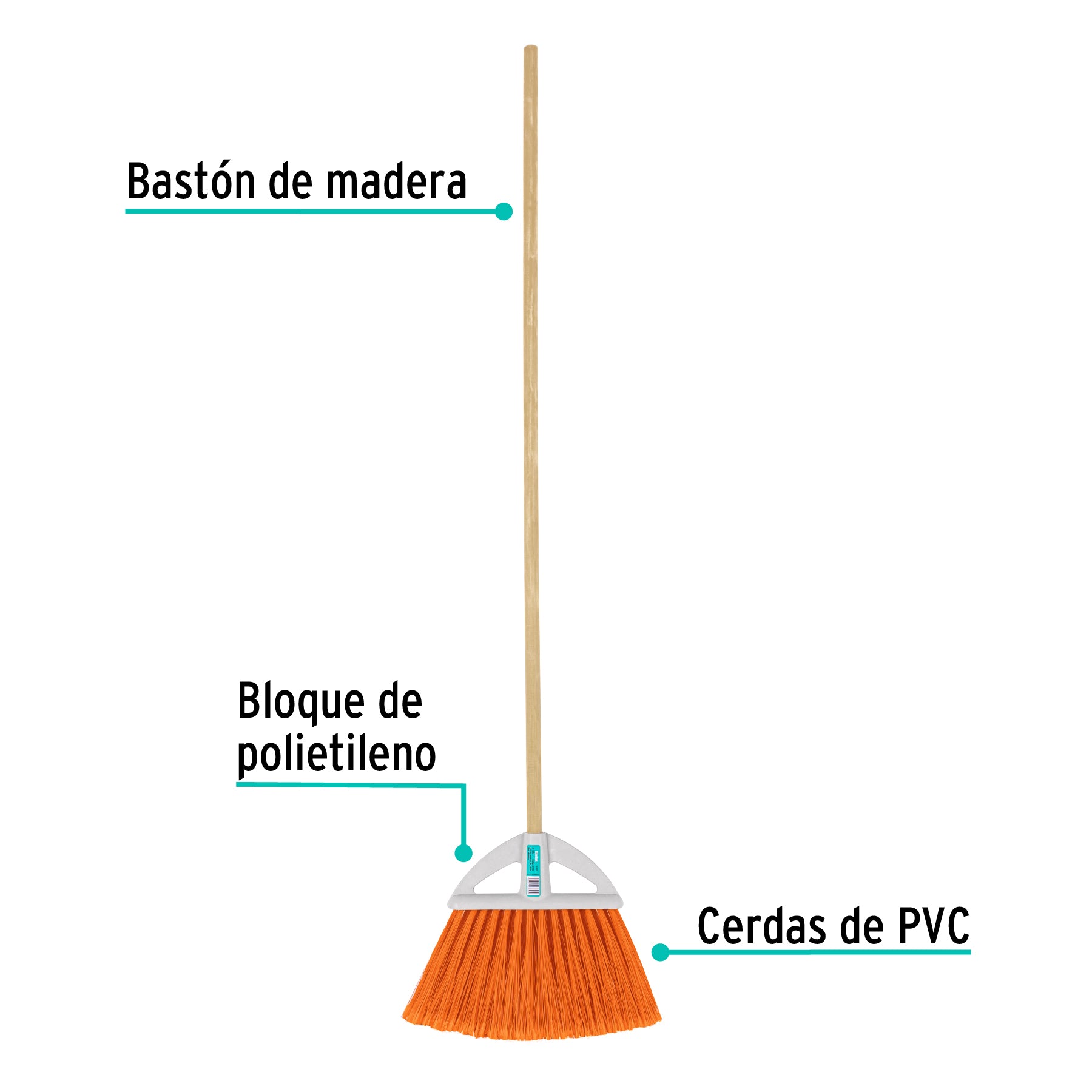 Escoba grande tipo abanico, cerdas de PVC, bastón de madera