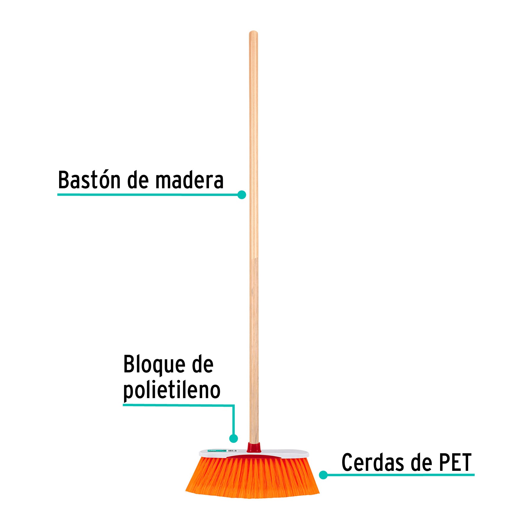 Escoba estándar cerdas de PET extra suaves, bastón de madera