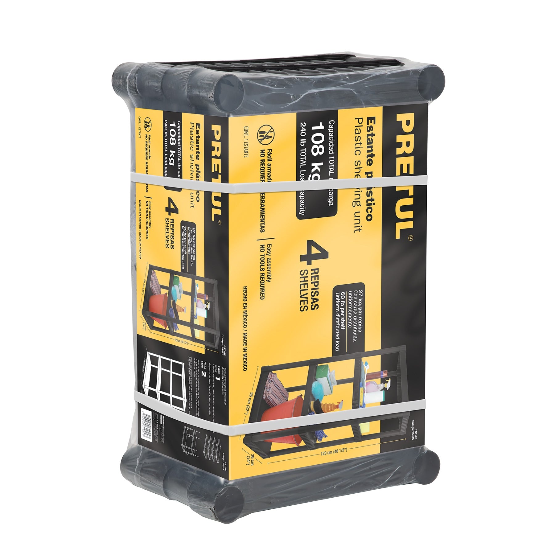 Estante plástico 4 repisas cap. 27 Kg, 123x36x56, Pretul