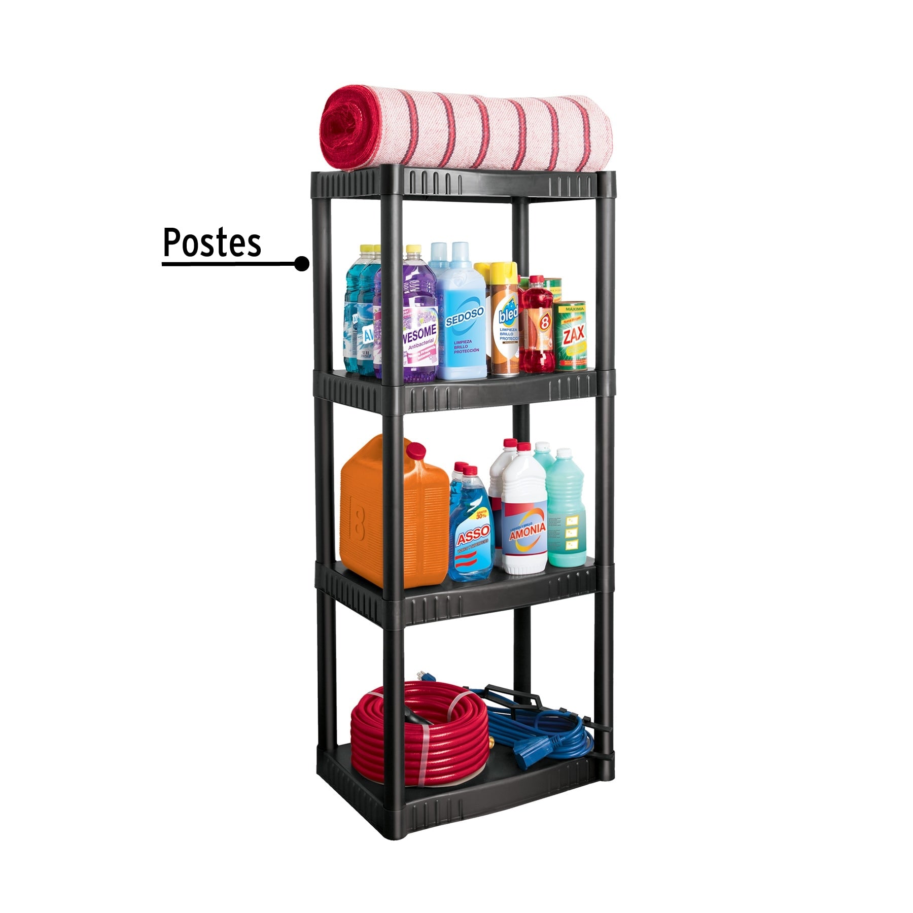 Estante plástico 4 repisas cap. 27 Kg, 123x36x56, Pretul