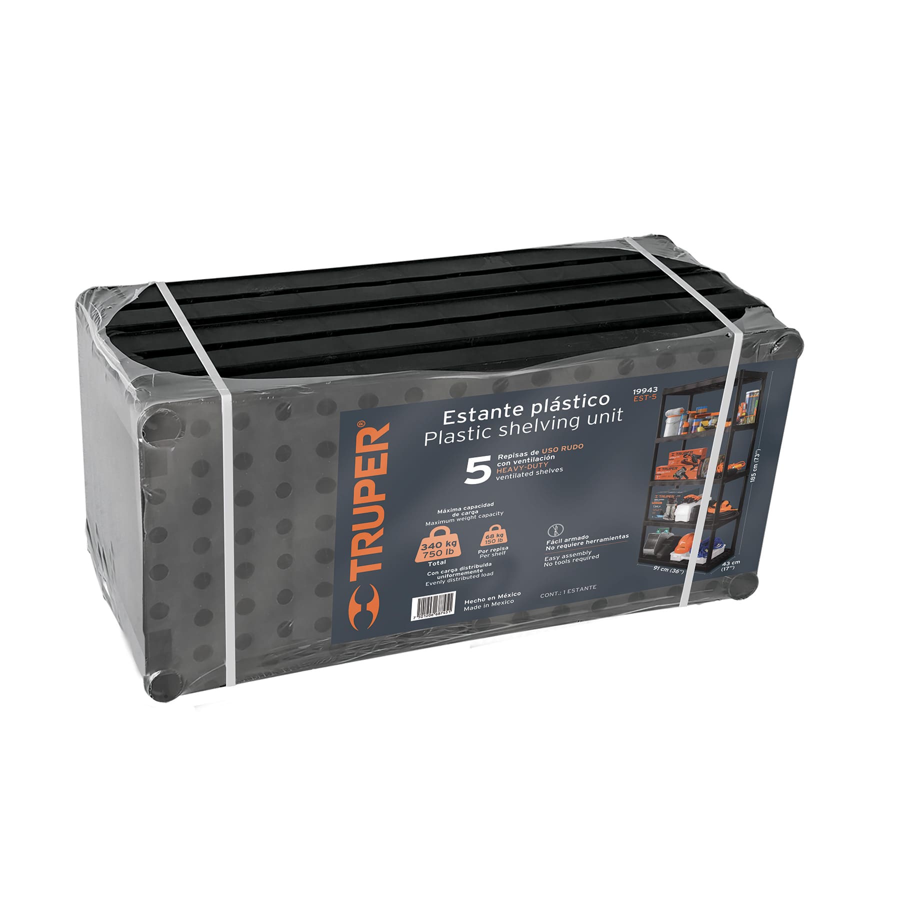 Estante plástico uso rudo 5 repara cap. 70 Kg, 185x43x91,Truper