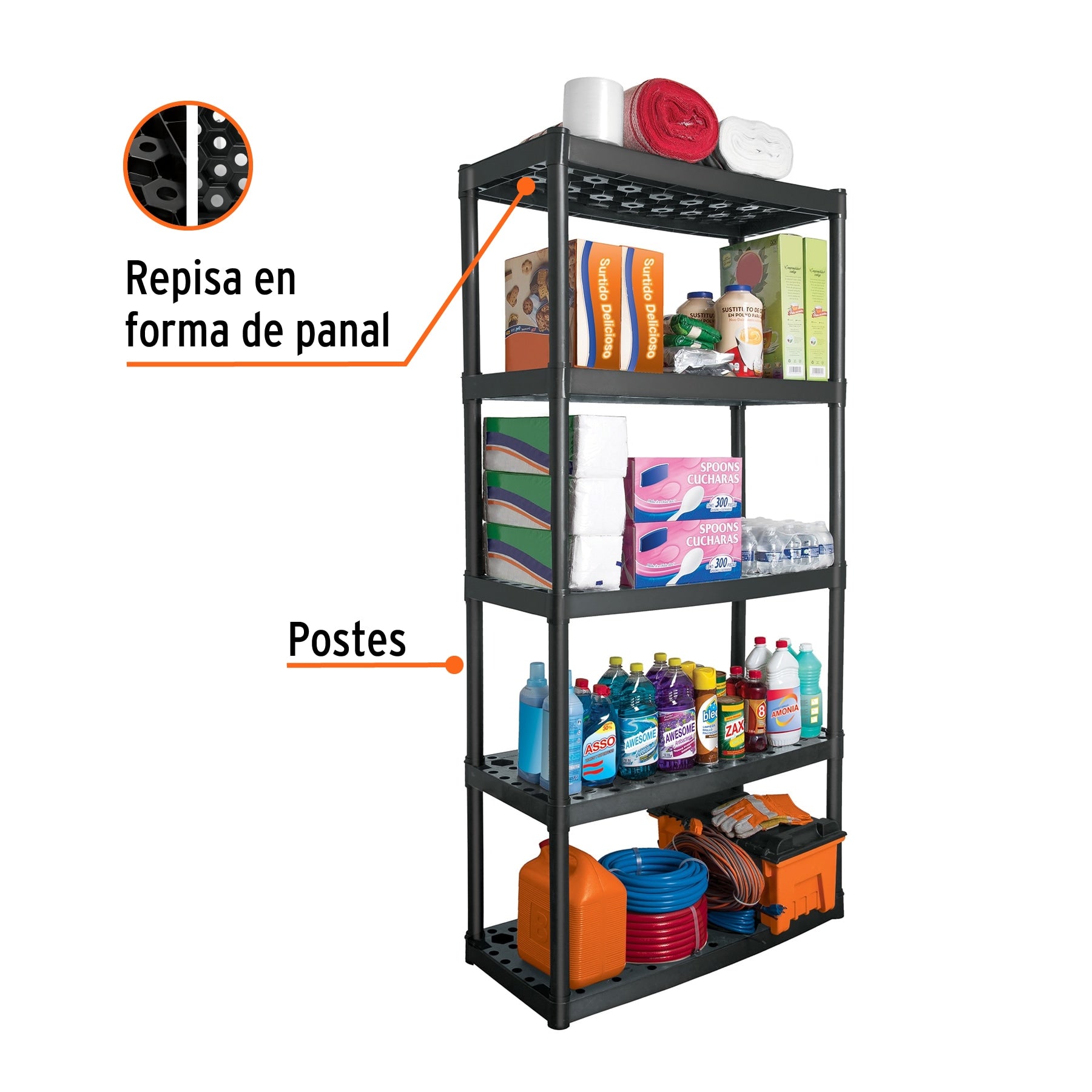 Estante plástico uso rudo 5 repara cap. 70 Kg, 185x43x91,Truper